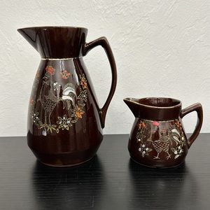 Rooster Redware Moriage Pottery Milk Pitcher & Creamer Set Japan